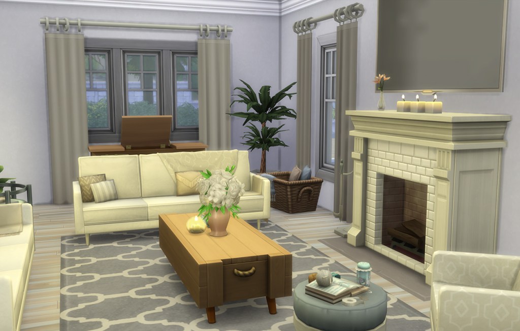 Sims 4 living room, classic style with fireplace.